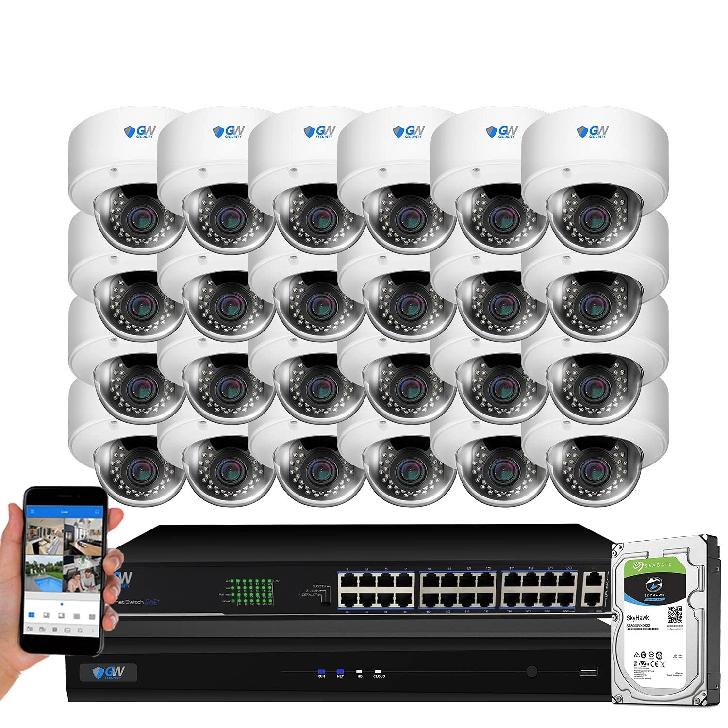 GW Security Inc GW3232E - 32CH NVR 8TB + GW5085MIP - Bullet 5MP 4X + GW5075MIP - Dome 5MP 4X + GWSW2402G - 24 Ports PoE Switch + GWCAT60 - 60ft Cable + GWCAT100 - 100ft Cable
