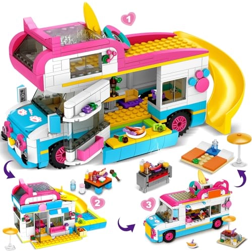 Hogokids 3-in-1 Girls Camper Van Building Set - Summer Beach Camping 494pcs