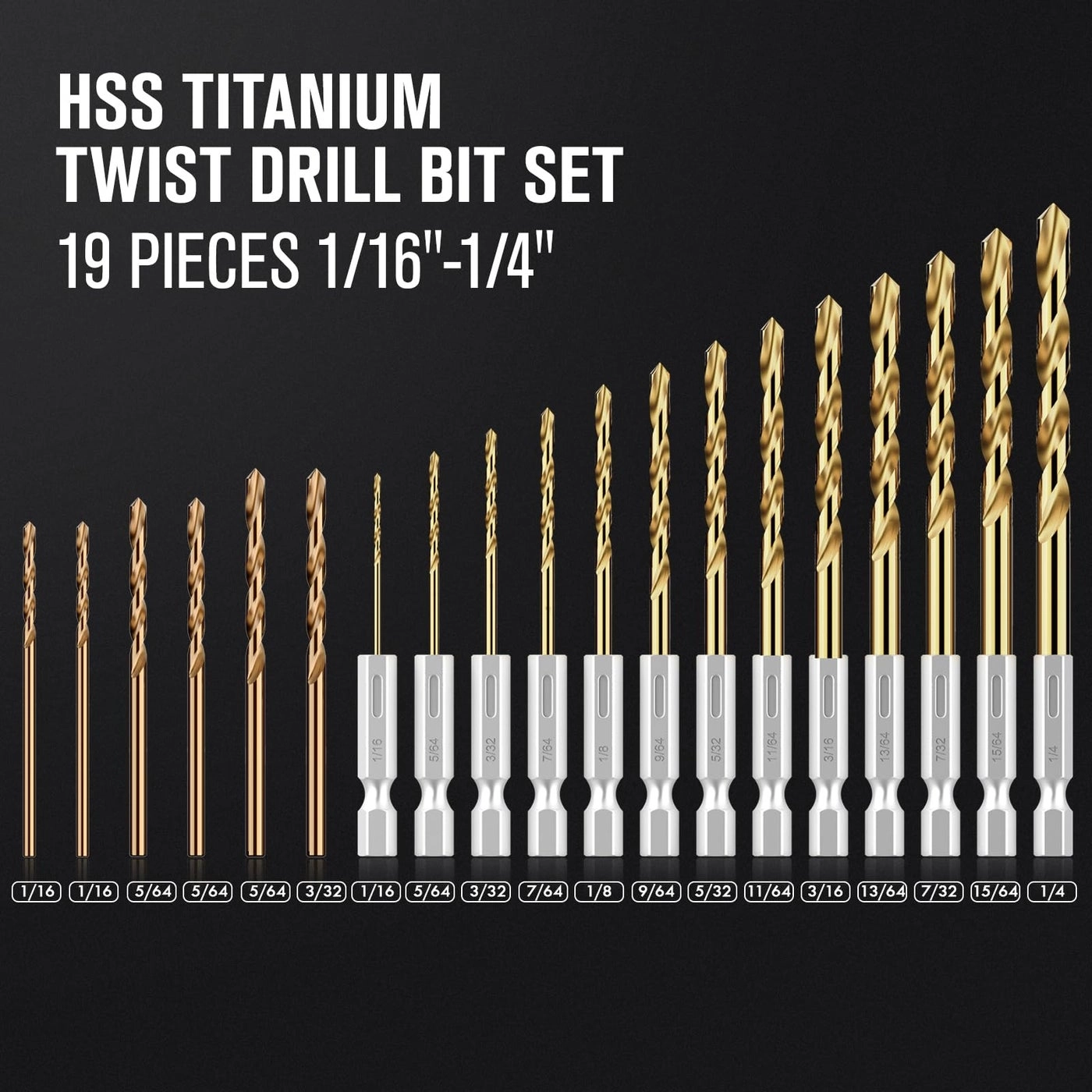 Drill Bit Set - Titanium Coating 19Pcs 1/16" - 1/4"