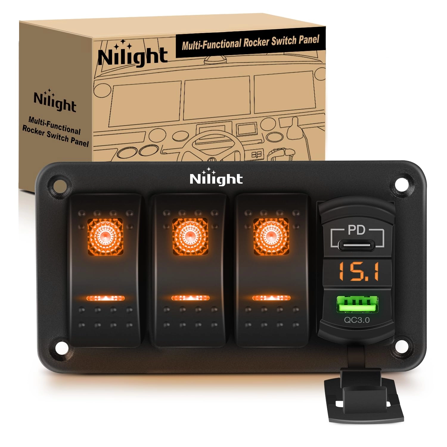 Nilight 3 Gang Rocker Switch Panel - PD Type C USB Charger Voltmeter
