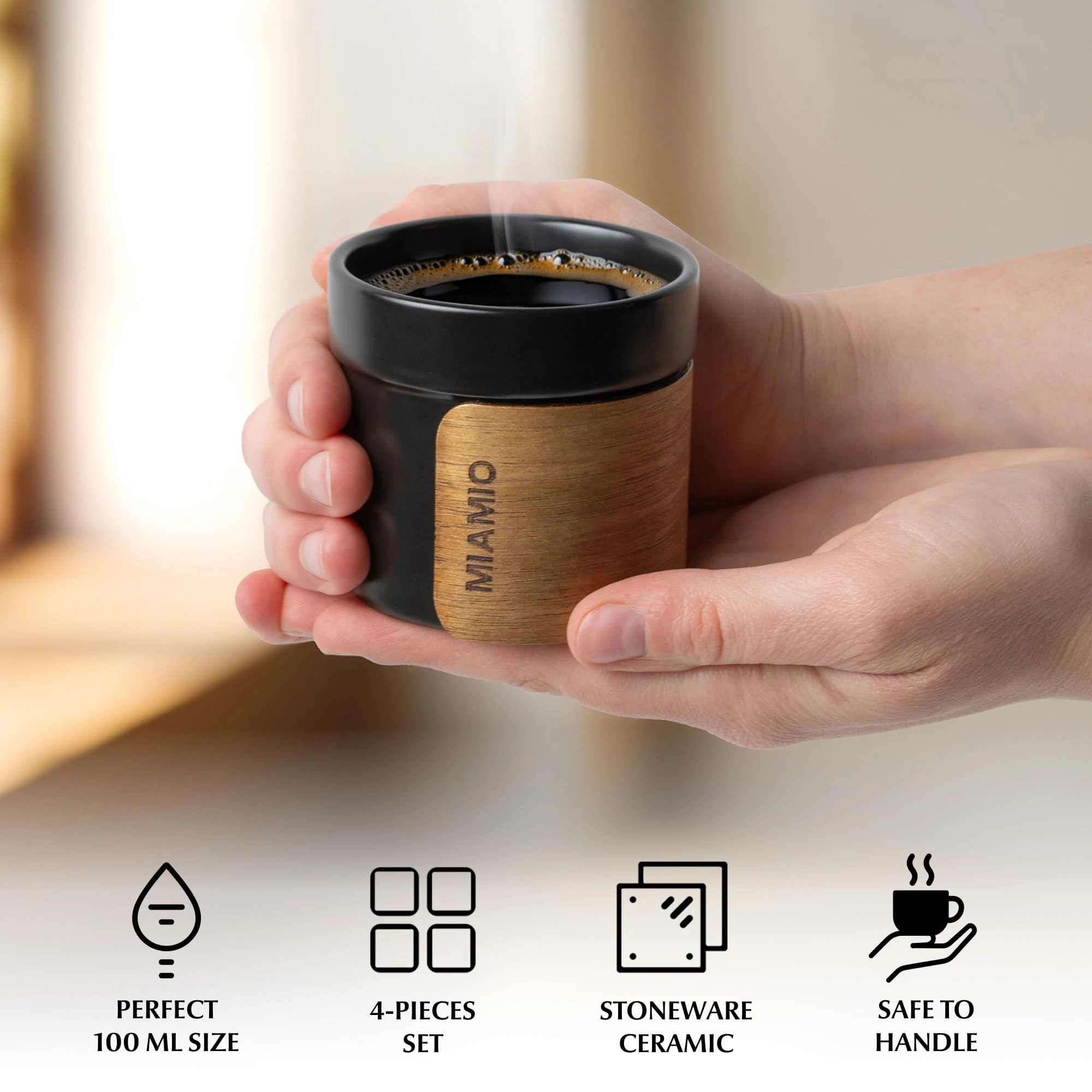 Espresso Cup - 4 pcs - Handleless Removable Wooden Cuff - 100 ml