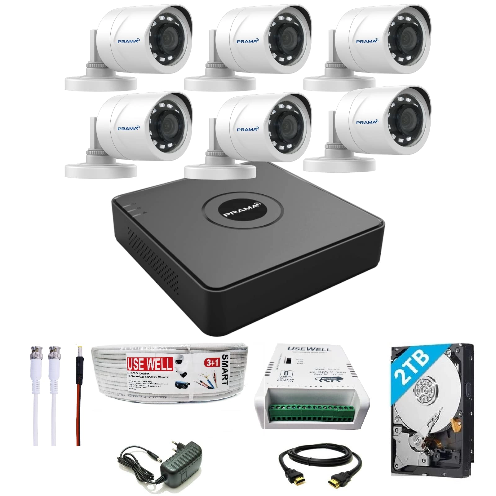 Prama India Pvt Ltd DVR - 8 channels + Outdoor Camera - 6 2MP + HDD - 2 TB + Wire/SMPS + Required Accessories