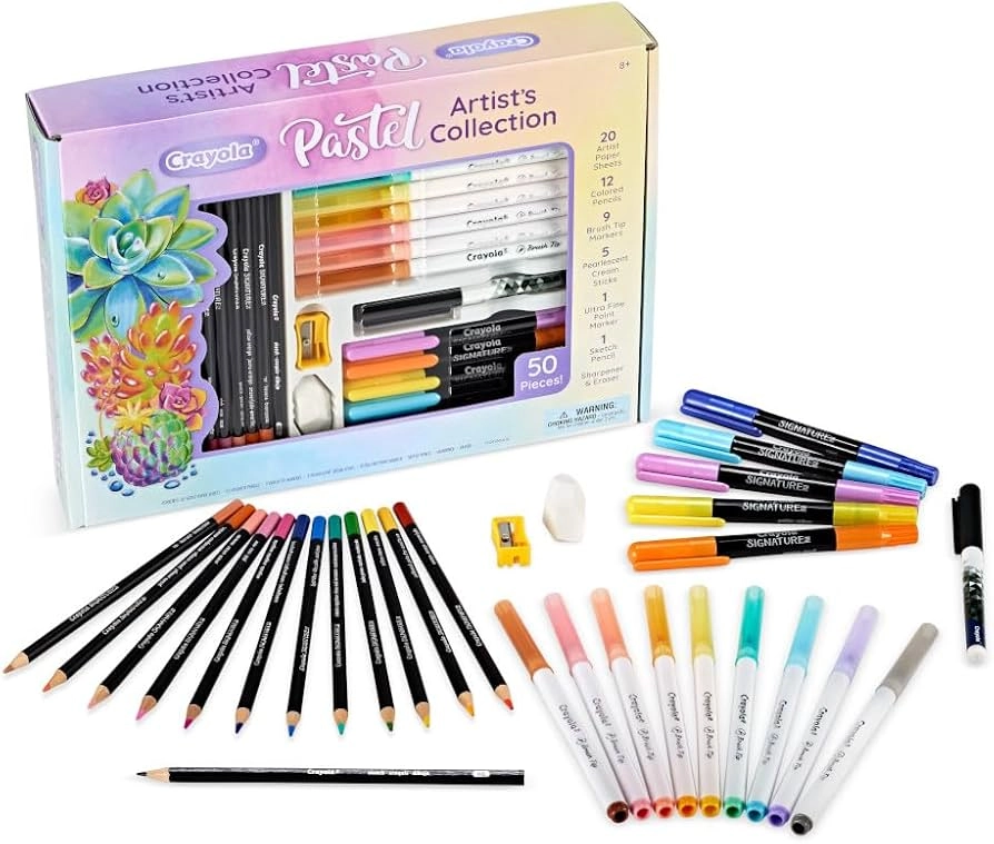 Crayola Pastel Artist Collection Kit - 12 colored pencils 9 brush-tip markers 5 pearlescent cream sticks