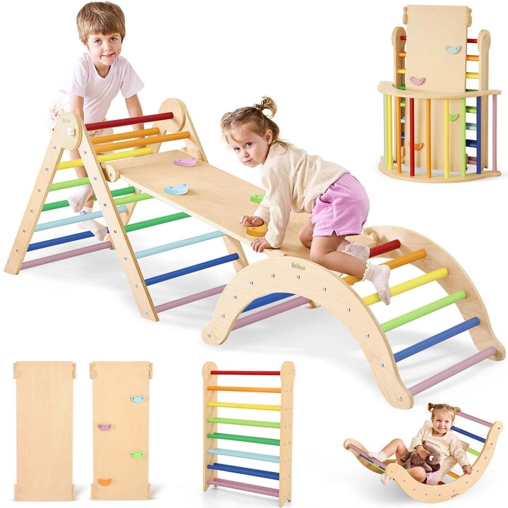 Belleur 7 in 1 Wood Pikler Triangle Set - Rainbow