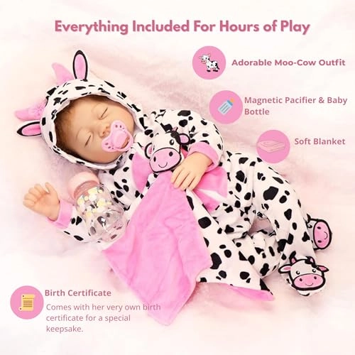 Reborn Baby Doll - 22 Inch Vinyl Sleeping Moo-Cow Ages 6+ Gift Set