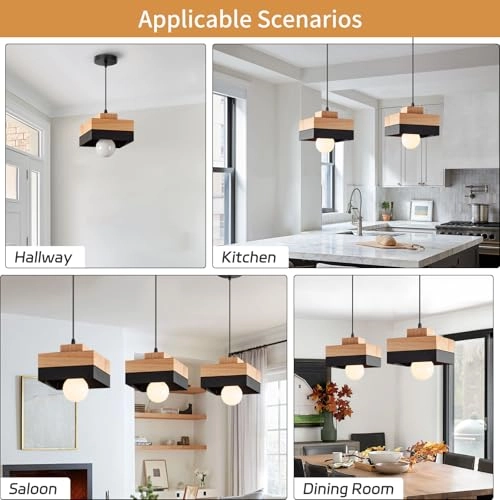 Vintage E27 Square Wood Pendant Light