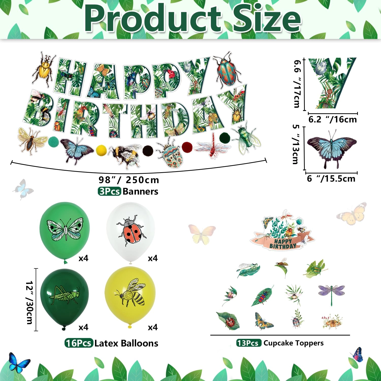 Bug Party Decorations - 1 x HAPPY BIRTHDAY banner 1 x bug theme banner 13 x cake toppers 18 x insect balloons Birthday