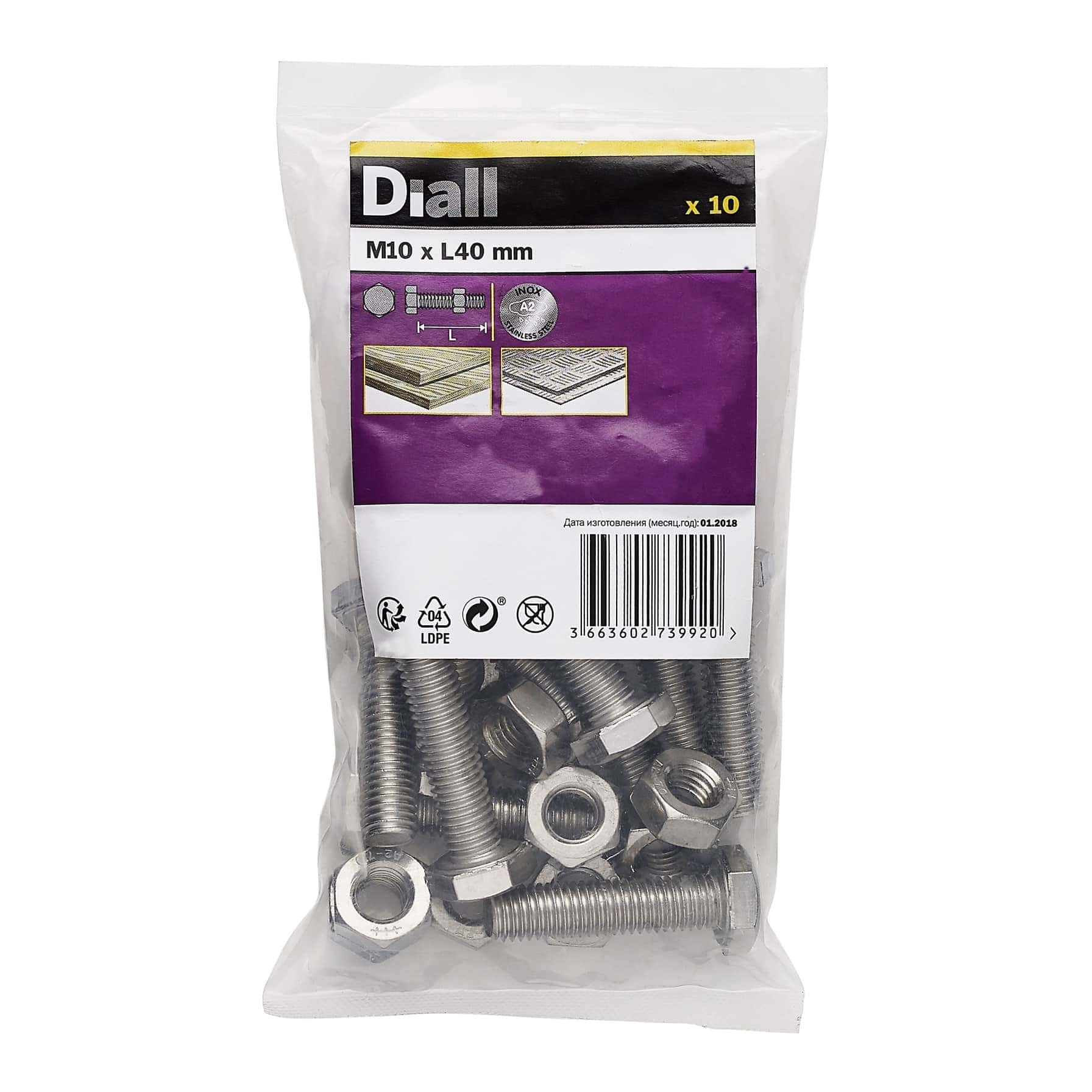Diall M10 Hex A2 Stainless Steel Bolt & Nut - 40 millimeter