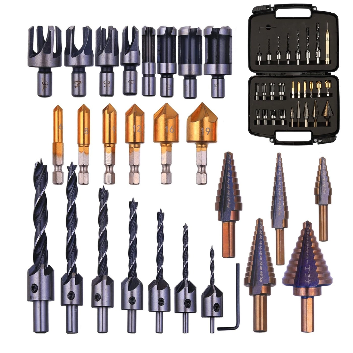 Chamfer Drilling Tool - 23pcs + 5 Flute Countersink Drill Bits - 6pcs + Three Pointed Countersink Drill Bit - 7pcs + Wood Plug Cutter - 8pcs + Automatic Center Punch - 1pcs