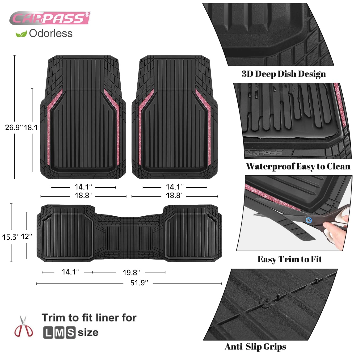 Rubber Floor Mats - Pink Universal Fit 3.0 Count