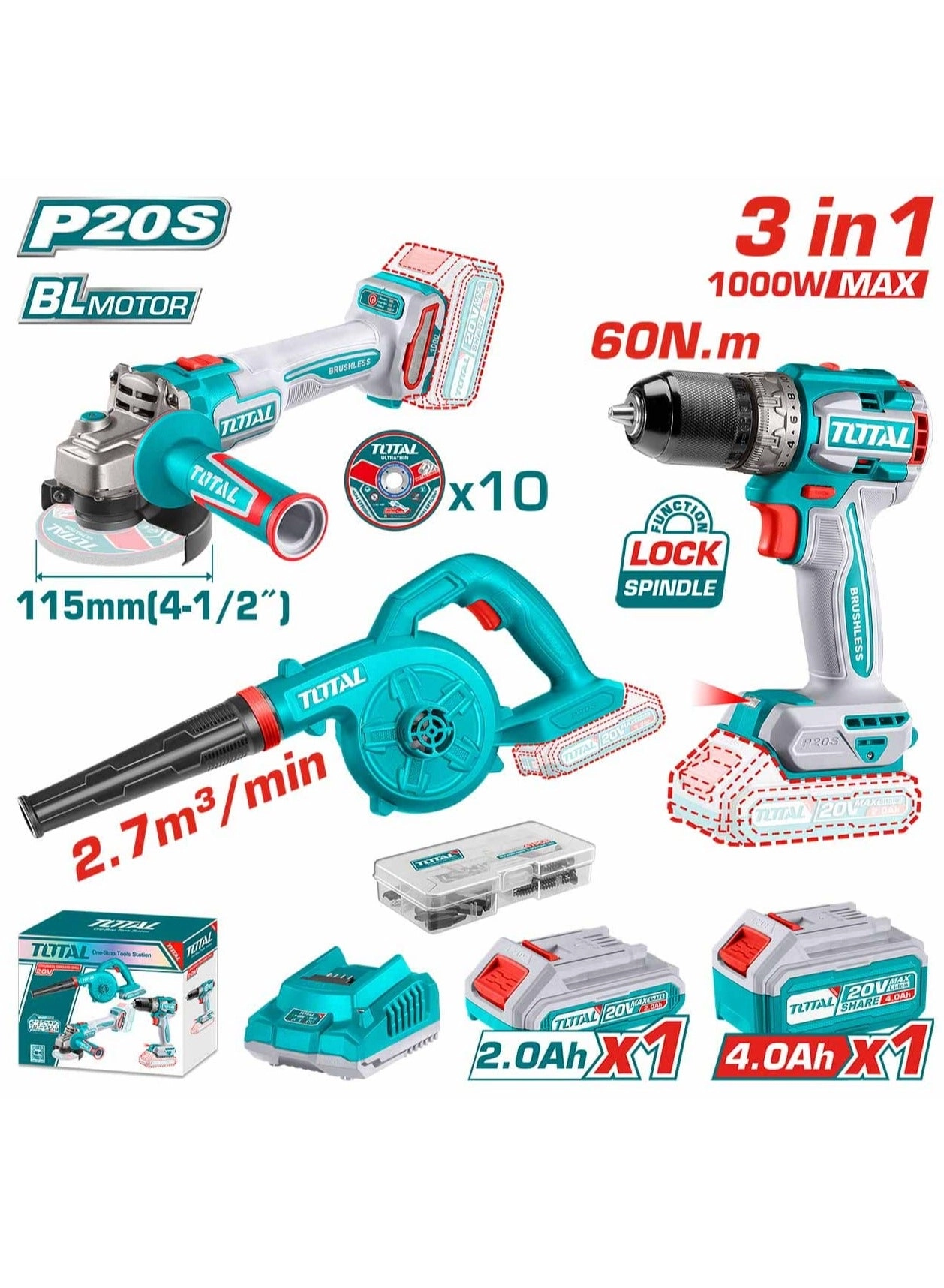 Total Brushless Drill + Angle Grinder + Blower - 4.0Ah 2.0Ah