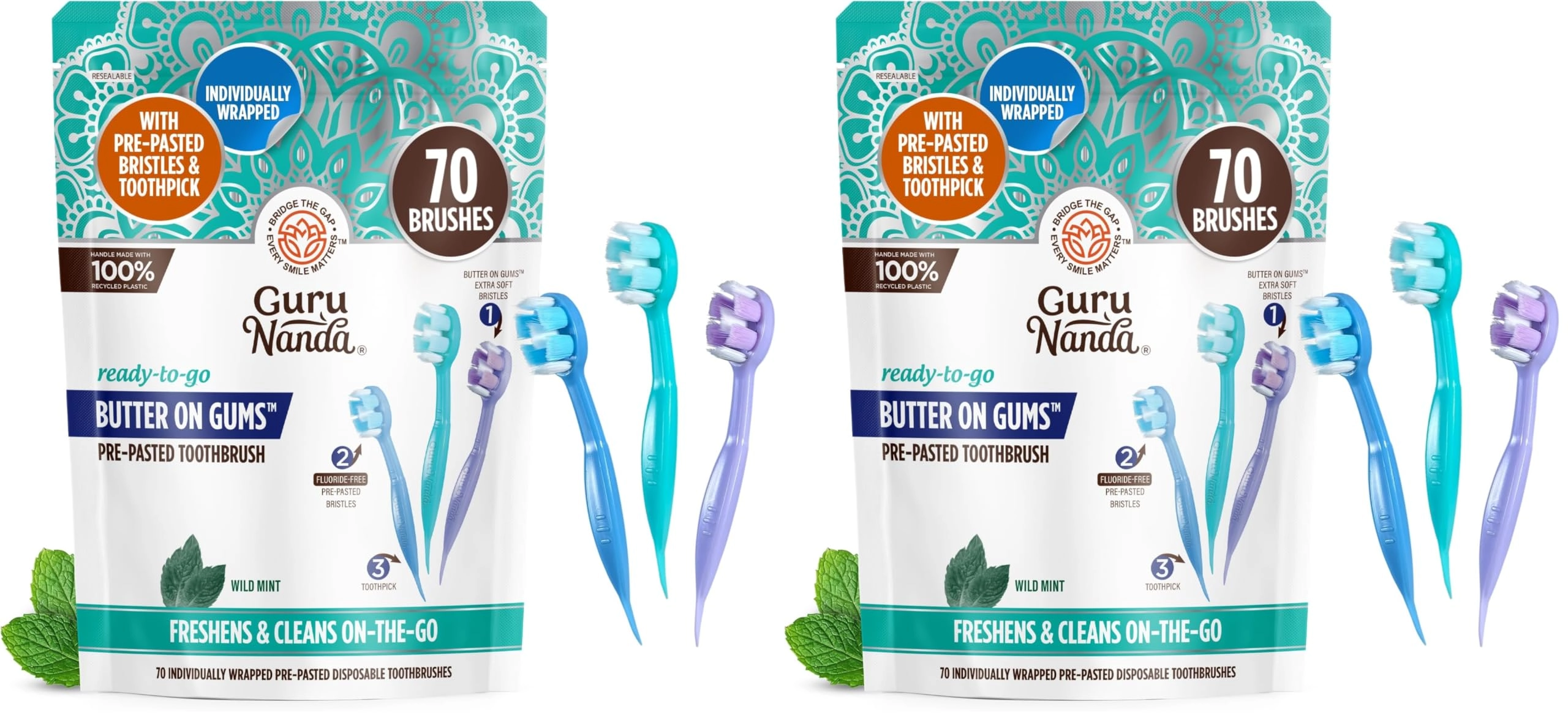 GuruNanda Ready-to-Go Disposable Mini Travel Toothbrushes - extra-soft Softex Bristles 2-Piece Pack