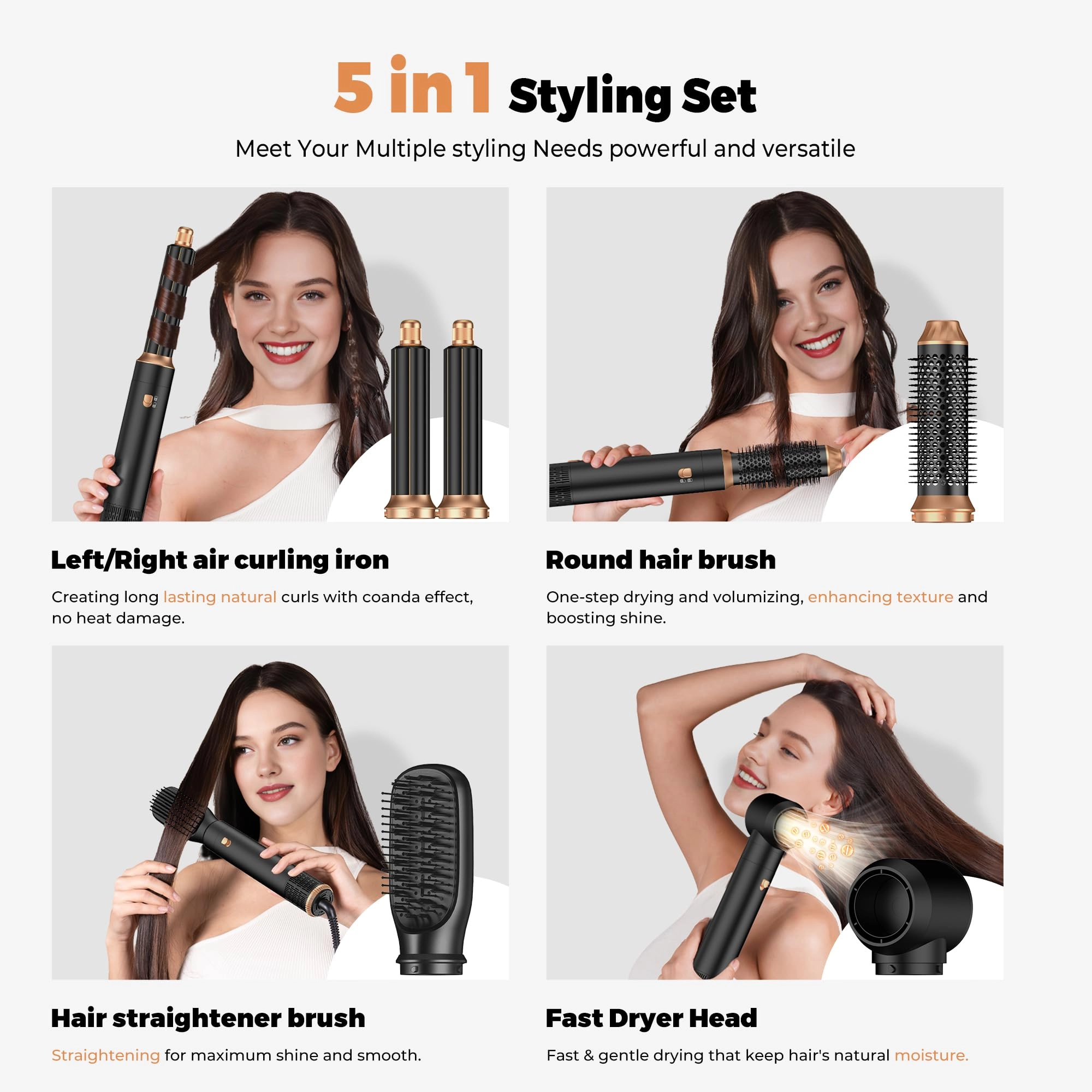 5 in 1 Hair Dryer Brush Set - Gold 700 watts