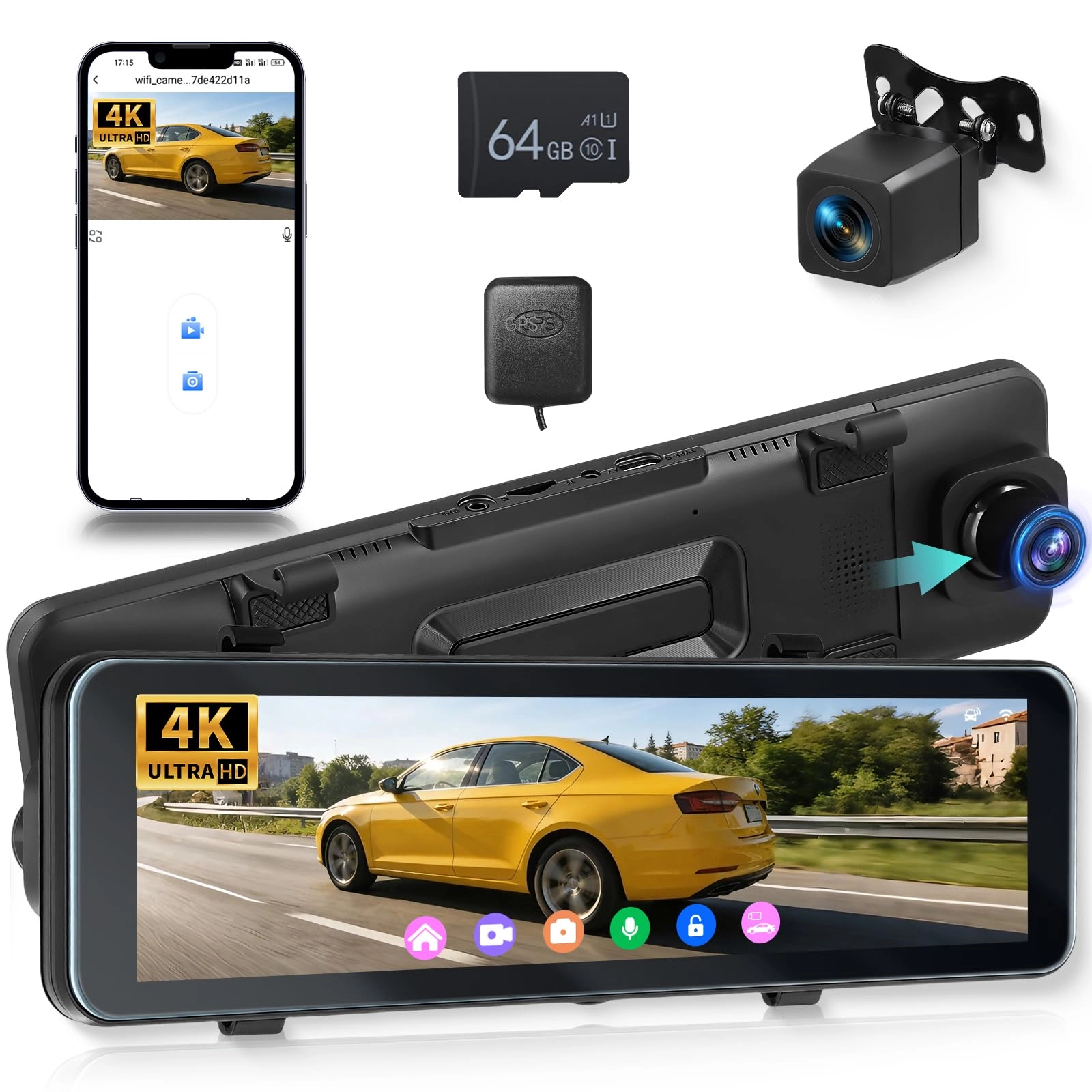 Dashcam - 4K (3840 x 2160 pixels) + 1080p (1920 x 1080 pixels)