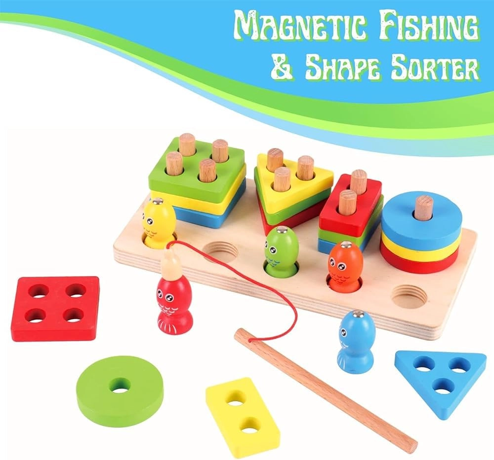Magnetic Wooden Fishing Game - Montessori Shape Sorting Color Matching