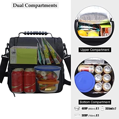 Dual Compartment Lunch Bag Tote - Insulated Leakproof Cooler Detachable Shoulder Strap