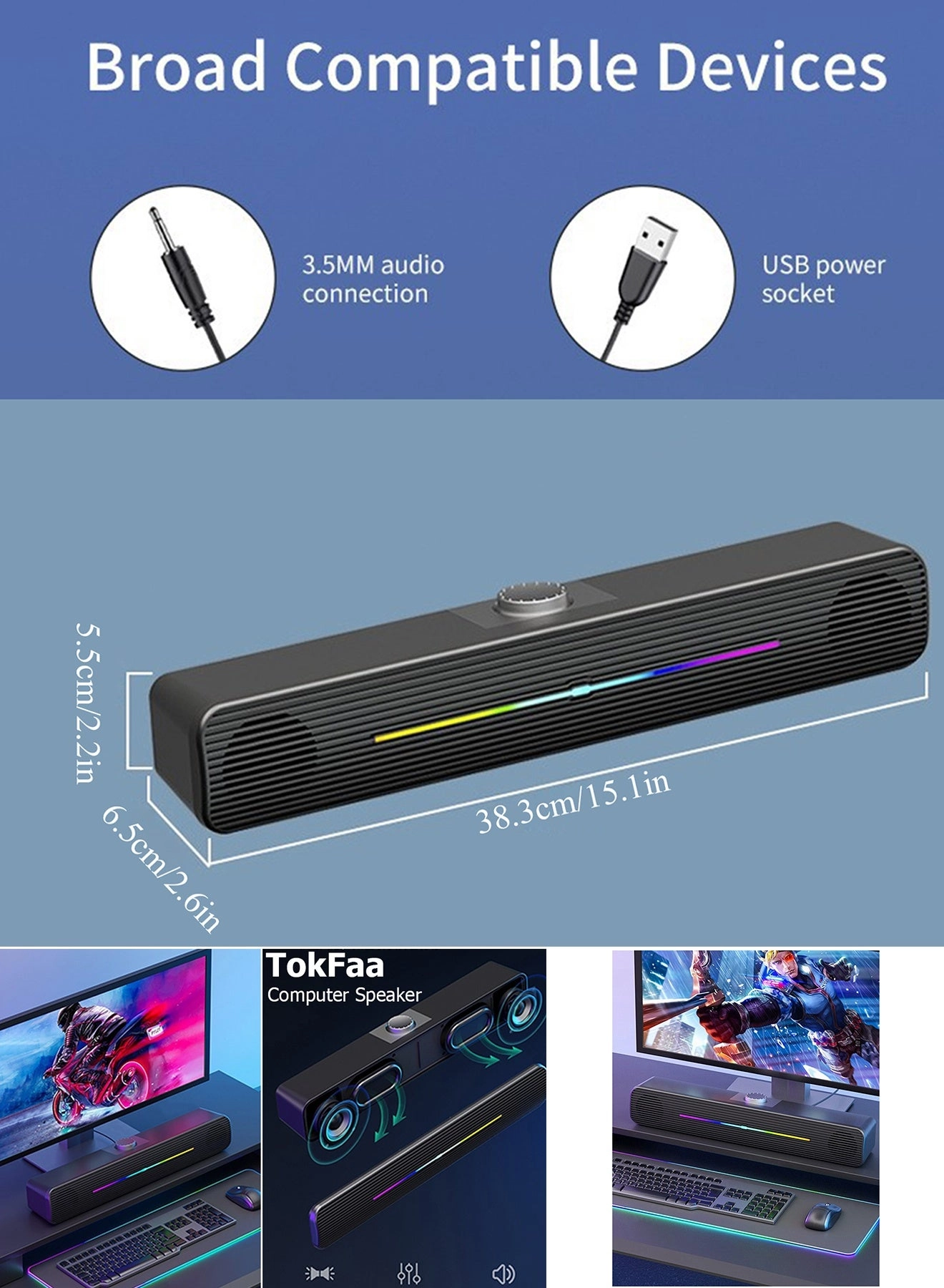 Computer /Laptop Speakers - USB-Powered 3.5mm AUX Plug Gradient RGB Lighting
