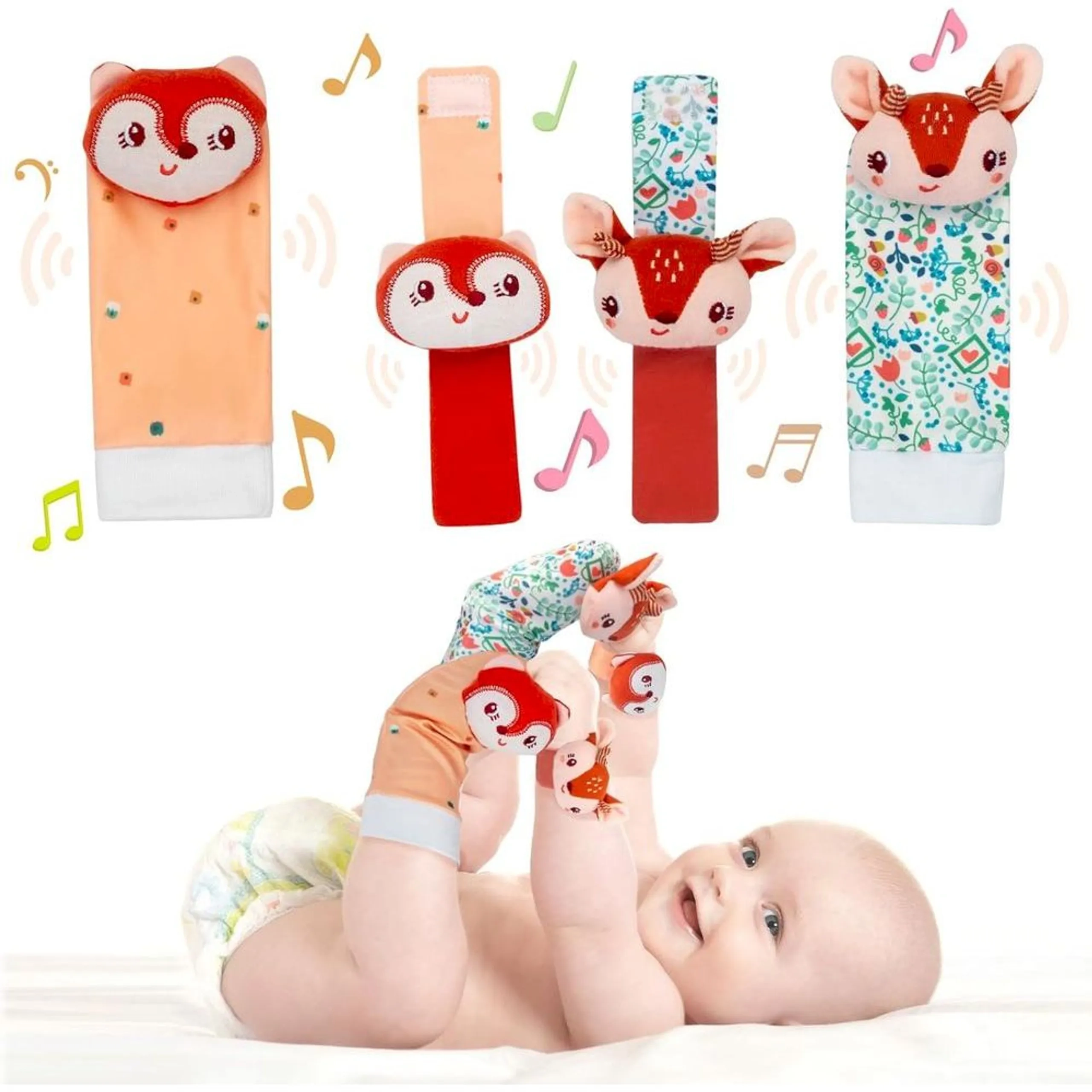 Personalized Wrist Rattle And Foot Finder - Suitable for 0 month & above Fox And Deer