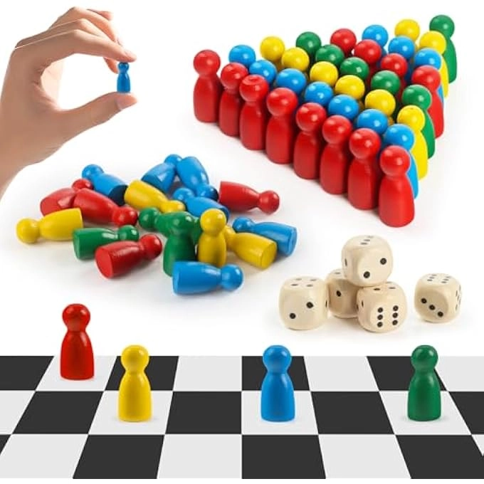 WOODEN TOY FIGURES - 80 PIECES COLOURFUL + WOODEN CUBES - 5 PIECES + WOODEN HALMA GEL