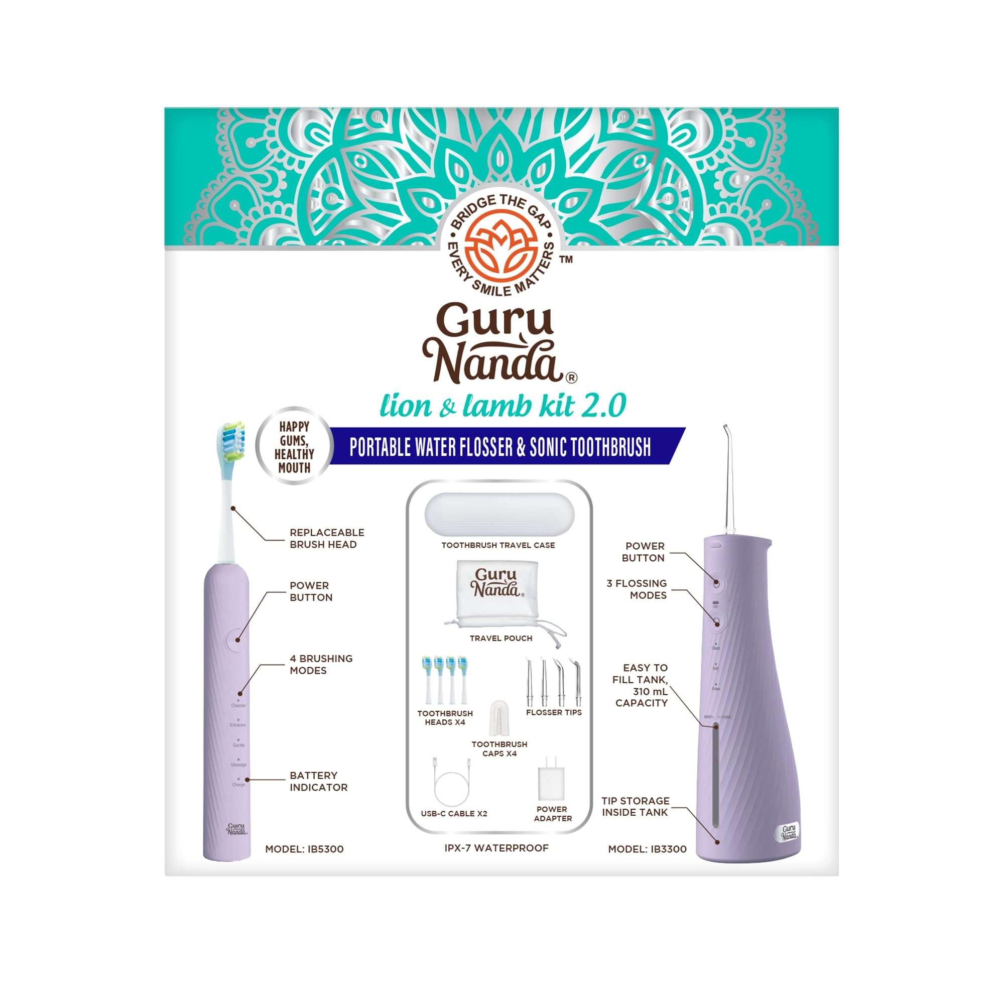 Lion & Lamb Kit 2.0 - 4 Brush Heads Lavender + Water Flosser - 4 Jet Tips IPX7 Waterproof