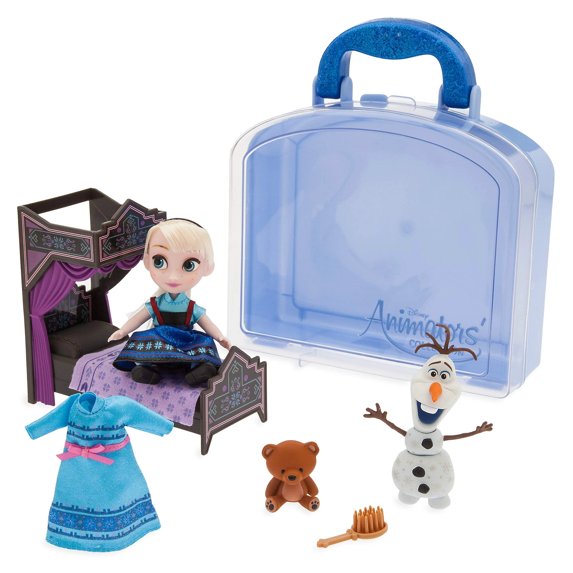 Disney Store Elsa Mini Doll Play Set - Olaf and Bear Bed with Canopy Carry Case Ages 3+