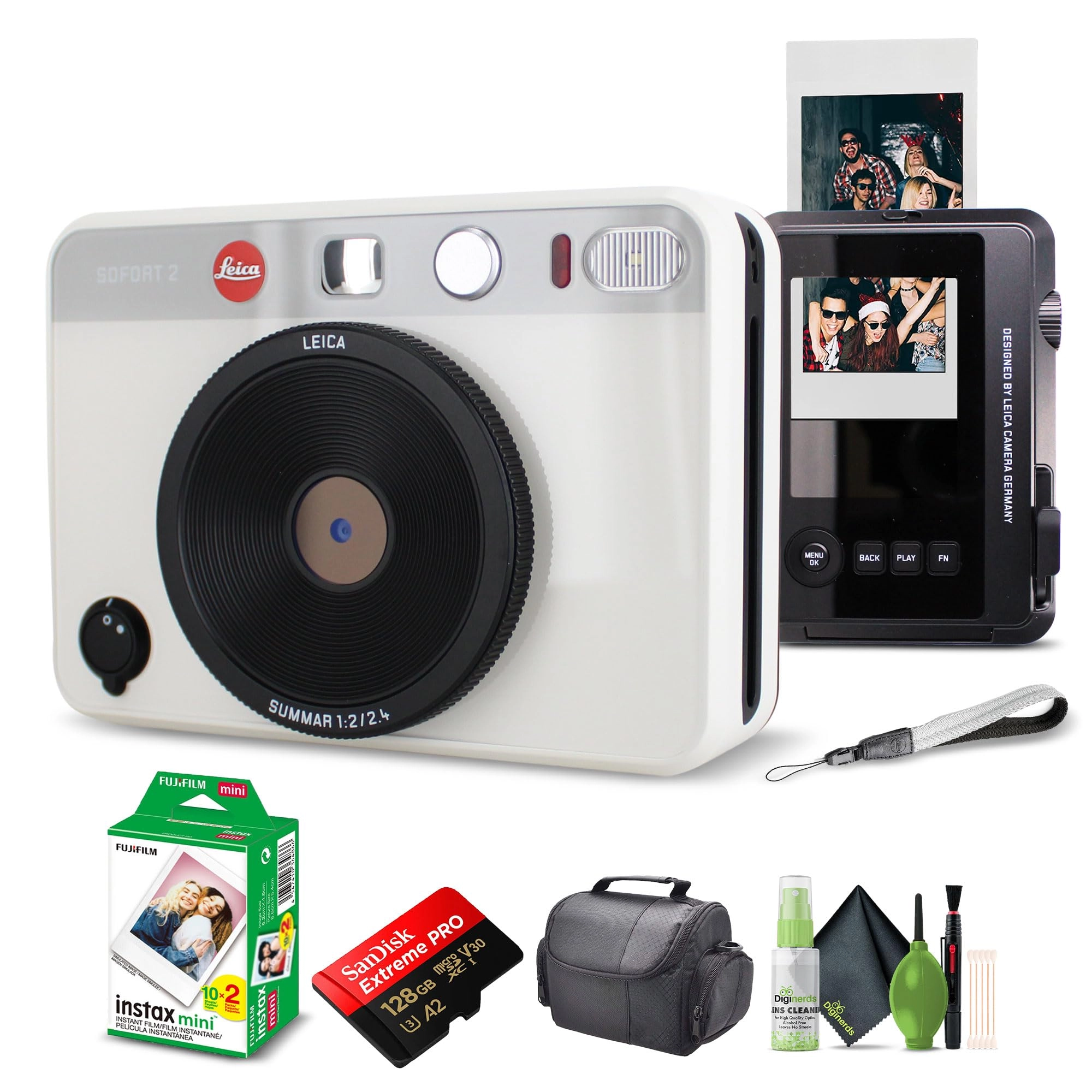 Sofort 2 - White + Travel Bag + Cleaning kit + Fujifilm Instax Mini Instant Film - 20 Exposures + microSDXC Extreme Pro - 128GB
