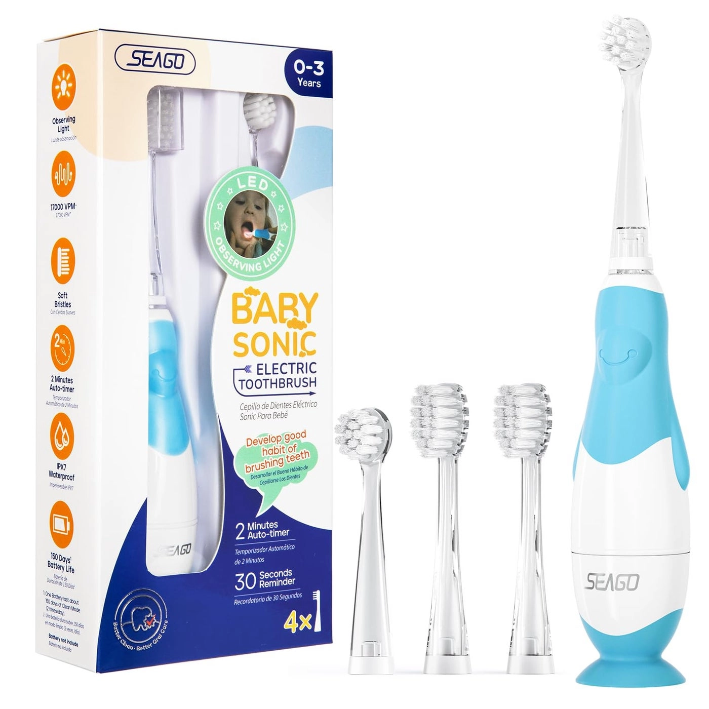 seago Baby Electric Toothbrush - 4 Brush Heads 2-Min Timer Penguin Shape