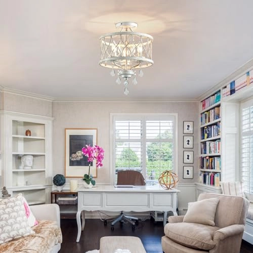 Crystal Ceiling Light Fixture - 3-Light Semi Flush Mount White