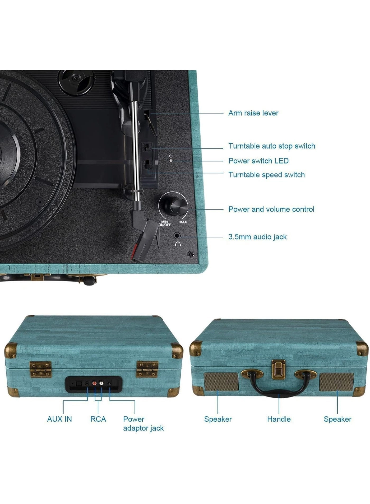 Record Player Turntable - Bluetooth 2 Stereo Speakers 3 Speed