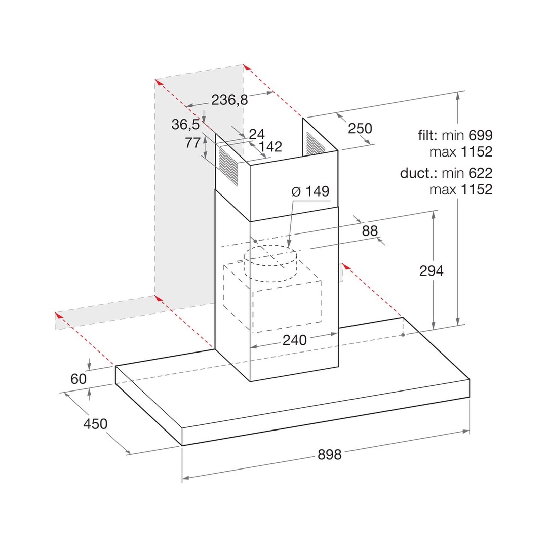 Built In Hood - 304 cubic metre per hour 898 millimeter