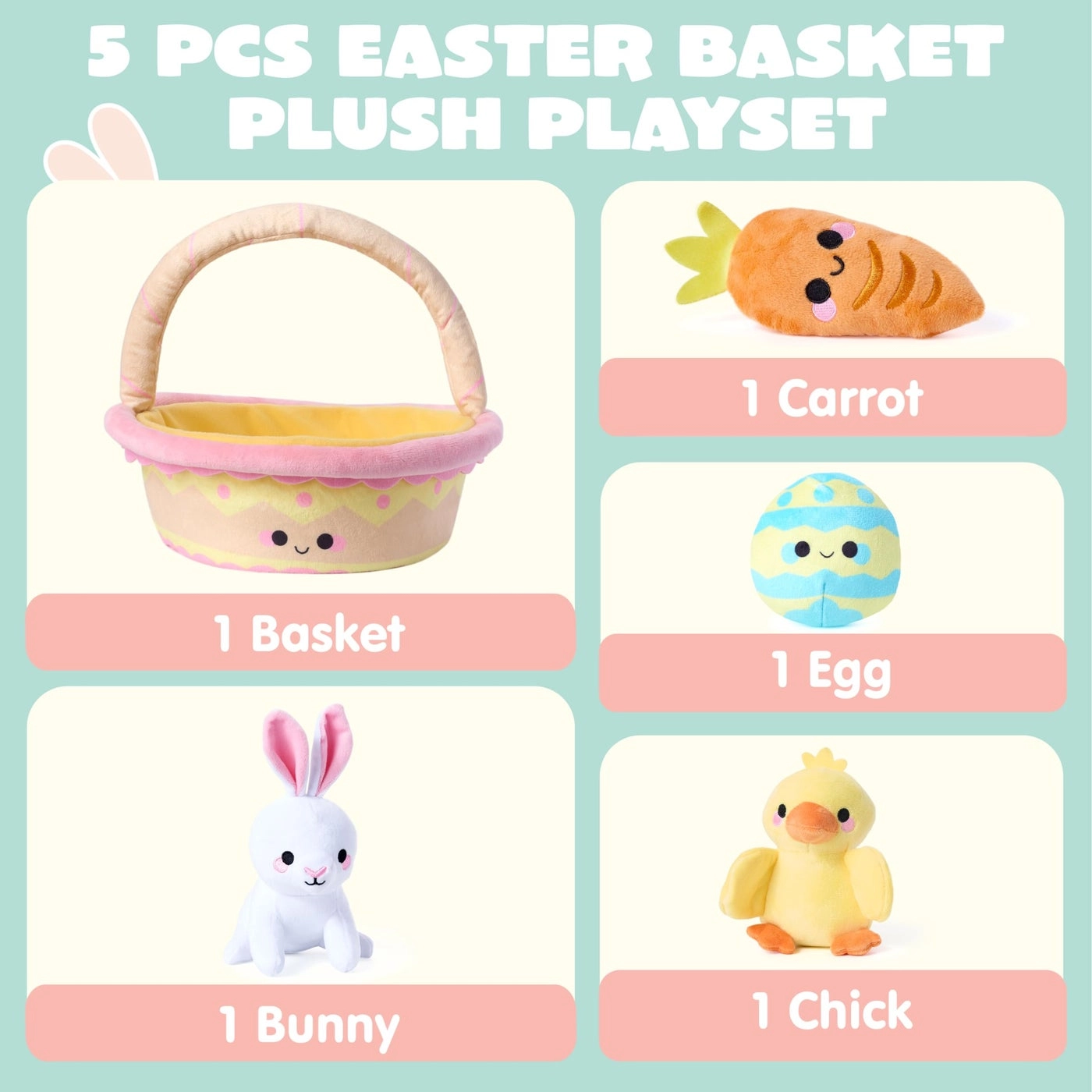 Easter Basket Plush Playset - 5 Pcs Filled Basket