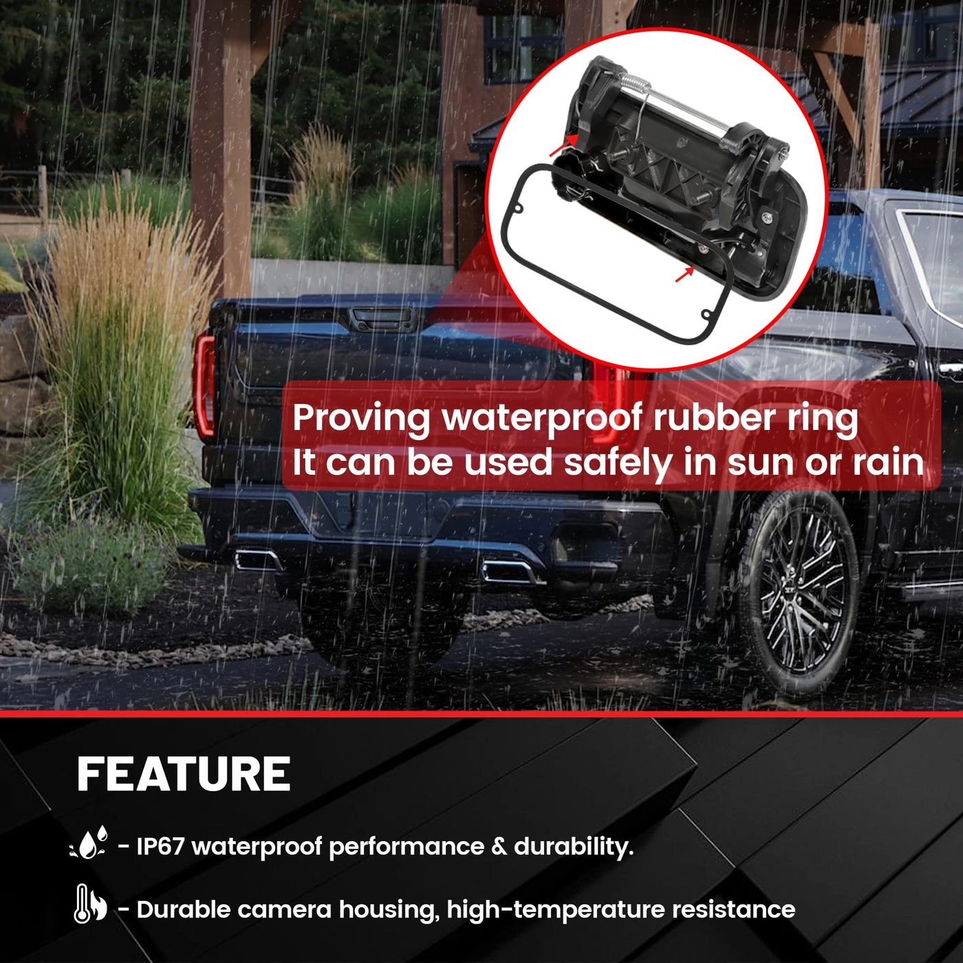 Tailgate Handle W/Reverse Backup Camera Replacement - RCA Connector Wide Angle