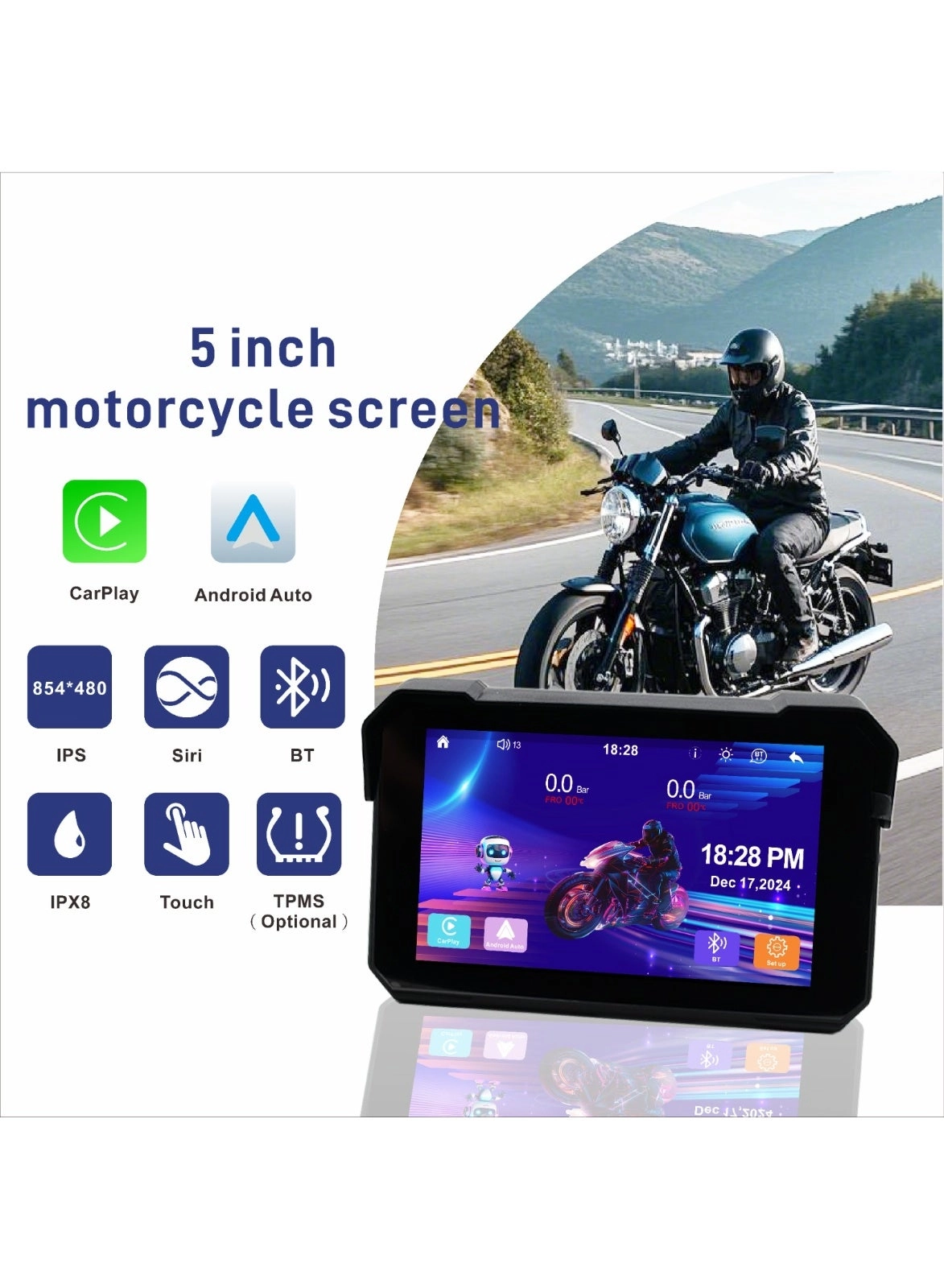 Motorcycle Wireless CarPlay & Android Auto Screen - 5-Inch