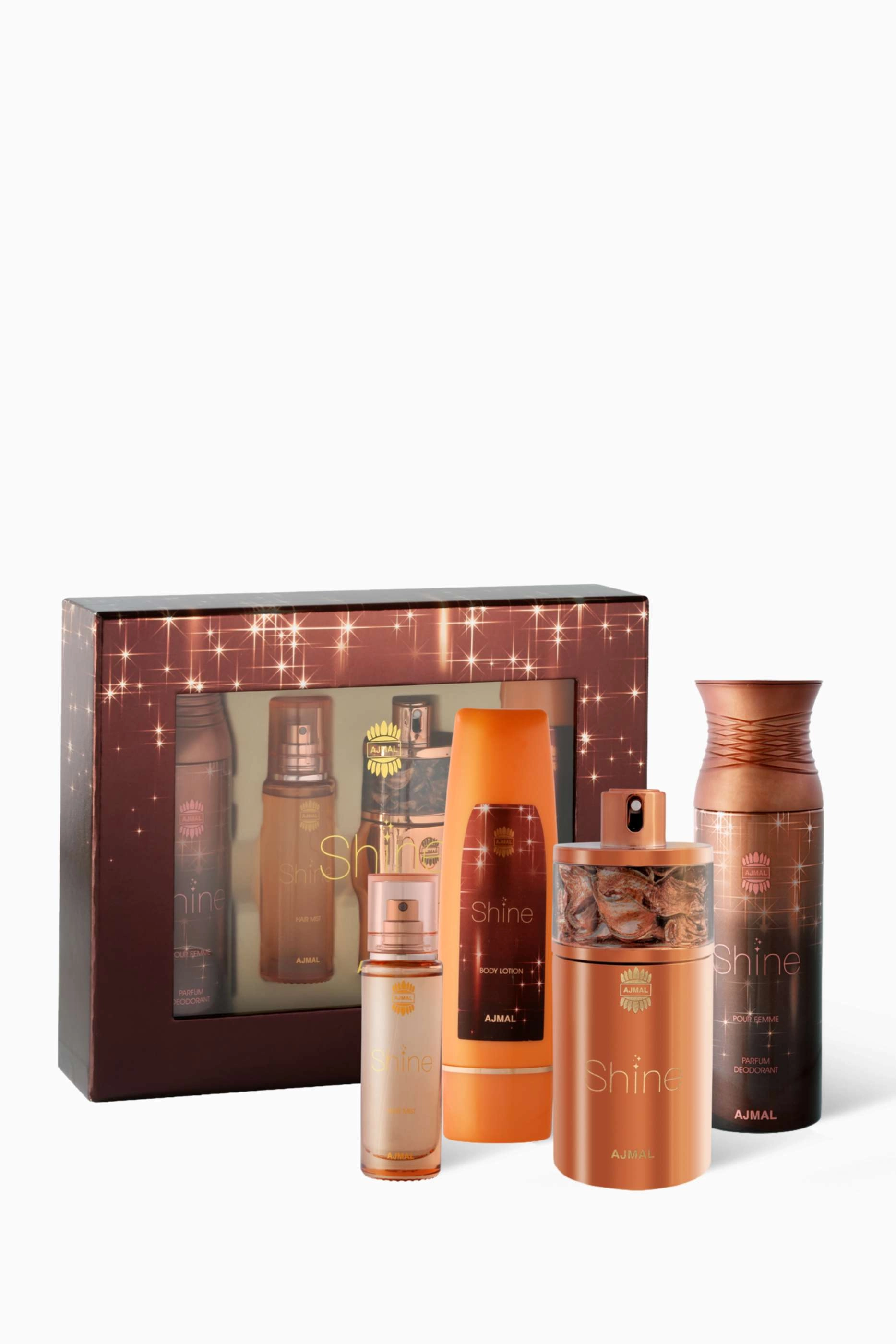 Ajmal Perfumes Shine Eau De Parfum - 75ml + Shine Body Lotion - 100ml + Shine Hair Mist - 30ml + Shine Deodorant - 200ml