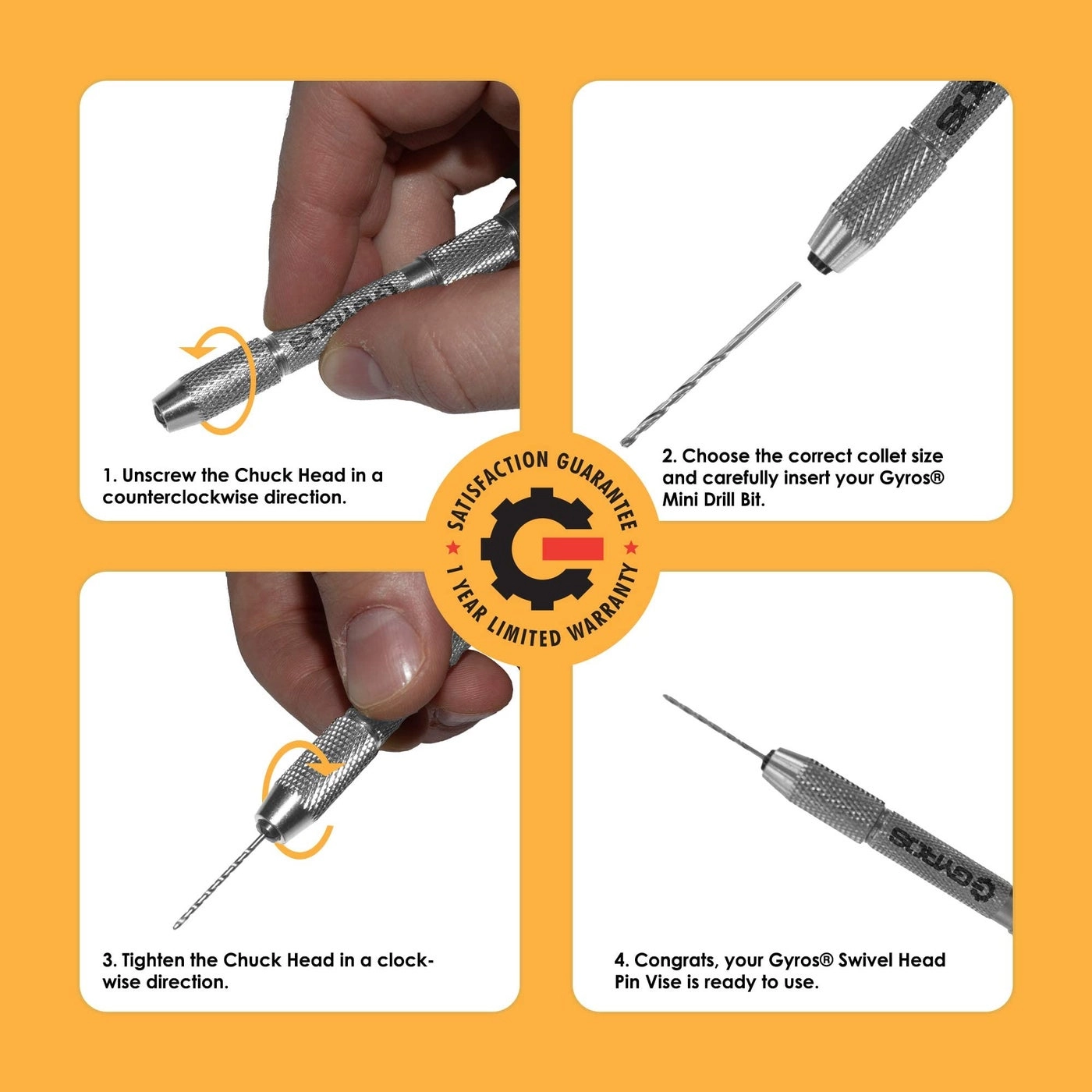 Swivel Head Pin Vise - 0"(0mm) to 1/8"(3.175mm) 2 Reversible Collets Anti-Slip Nickel Plated Steel Body