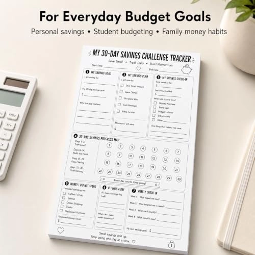 30-Day Savings Challenge Tracker Notepad 6 x 9 Softcover - 50 Sheets