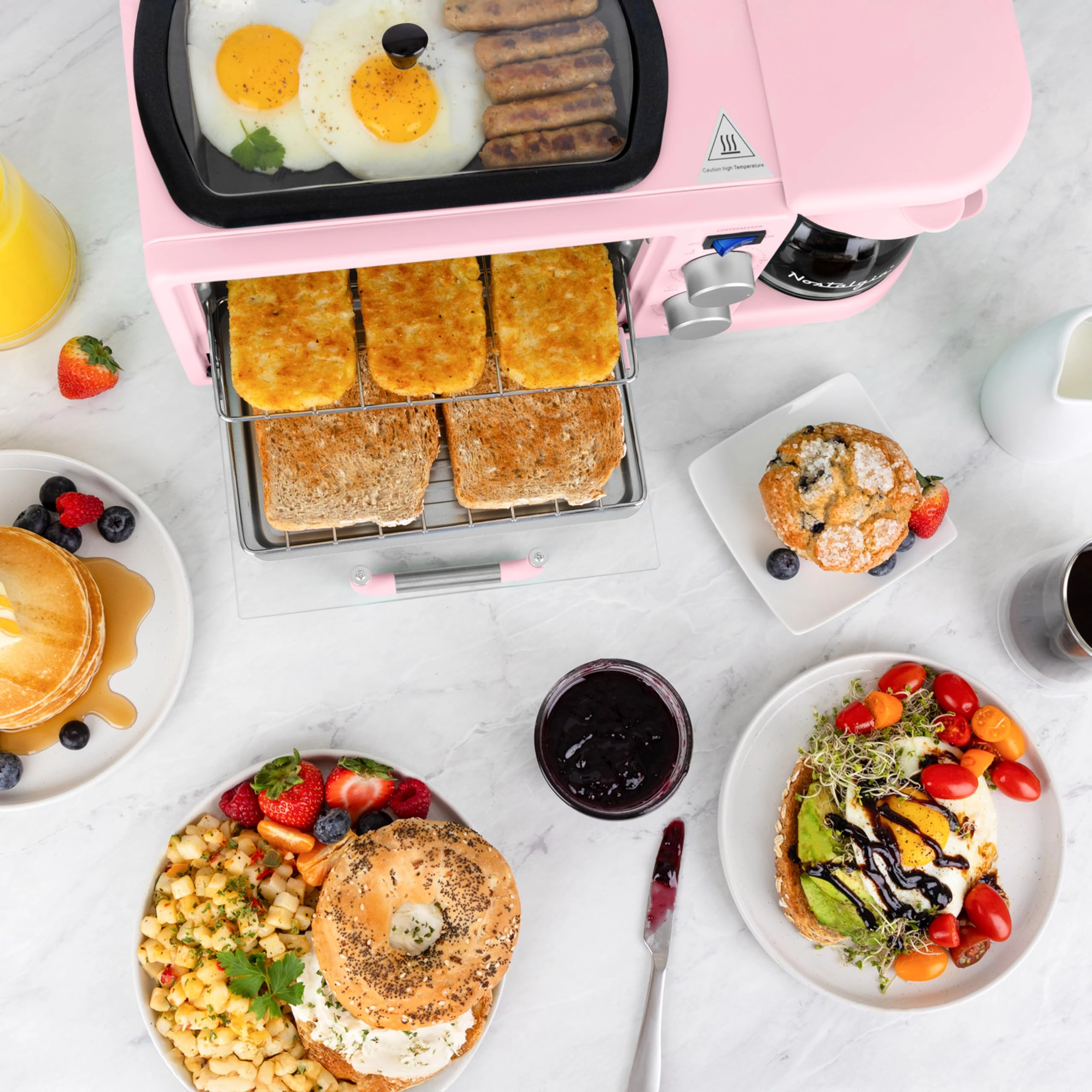 3-in-1 Retro Breakfast Station - 5 Cups Non-Stick Ceramic Griddle 4-Slice Toaster Oven