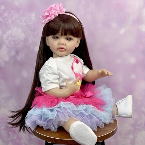 Reborn Baby Doll - 55 CM Vinyl Body Girl Brown Long Hair Ages 3+