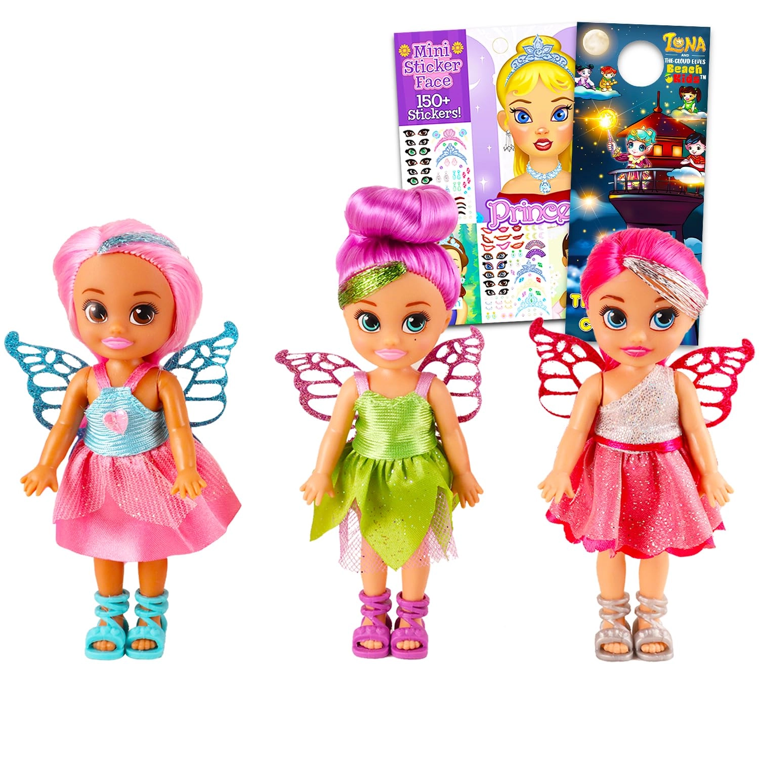 ZURU Sparkle Girlz fairy dolls - 3 Pack + princess create a face sticker book + Luna and the Cloud Elves door hanger