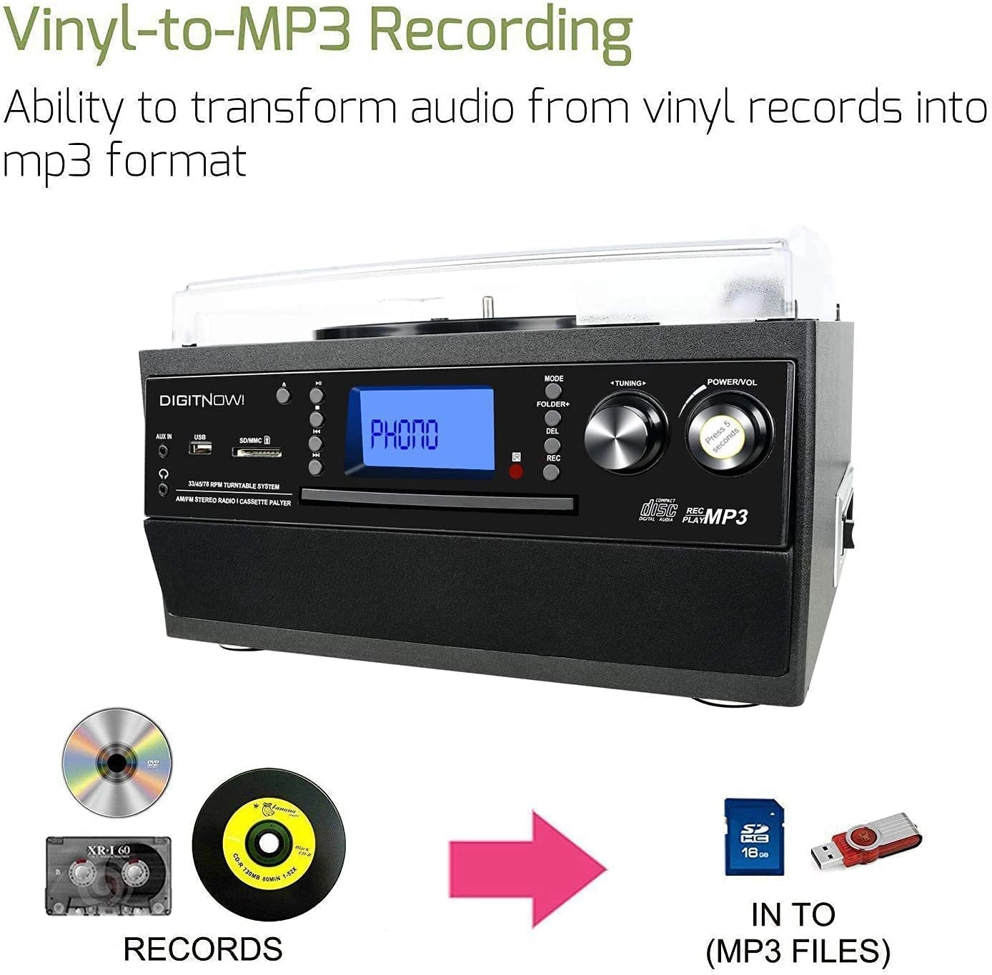 Record Player Turntable - Bluetooth LP Vinyl to MP3 Converter