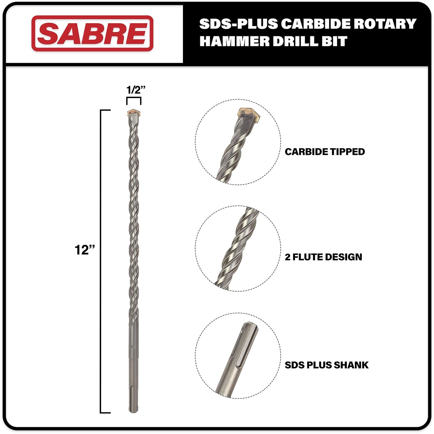 SDS Plus Rotary Hammer Drill Bit - Carbide Tipped 1/2 Inch x 12 Inch