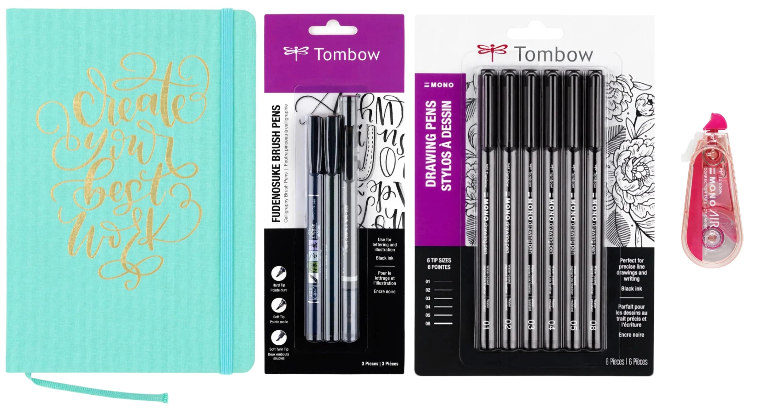 Tombow Dot Grid Linen Cover Journal + Fudenosuke Mono Brush Pen + Mono Fine Tip Drawing Pen + Mono Air Correction Tape - 11 piece(s)