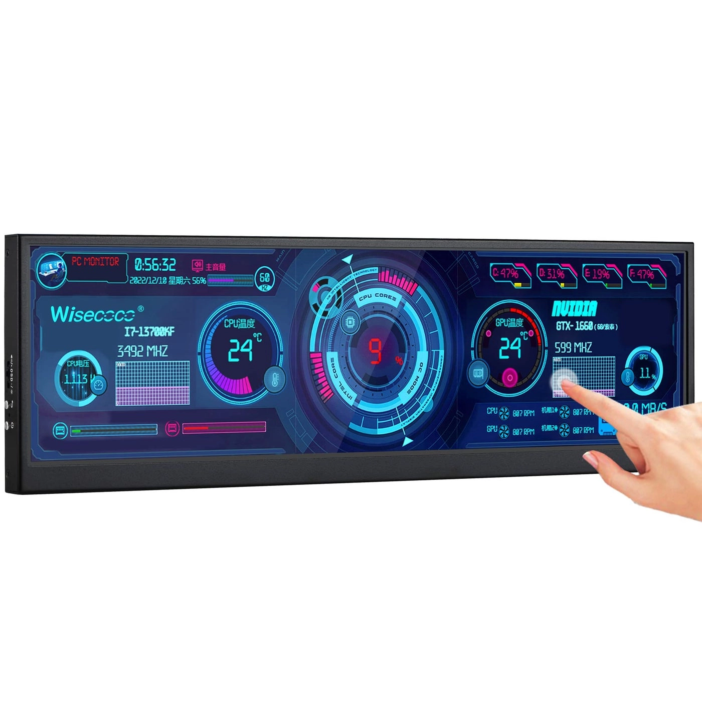 wisecoco Mini Touch Screen Monitor - R126F01T-HB 12.6 inch 1920X515