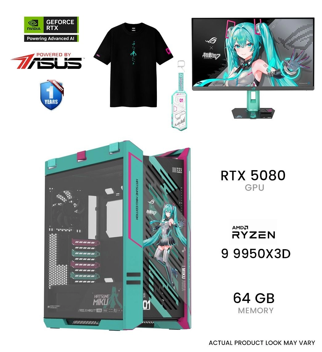 ASUS ROG x Hatsune Miku Gaming PC - 9950X3D 64GB 2TB + ROG Strix XG27ACMEG-G - 27-inch QHD + ROG Strix Arion - 2TB + ROG T-Shirt