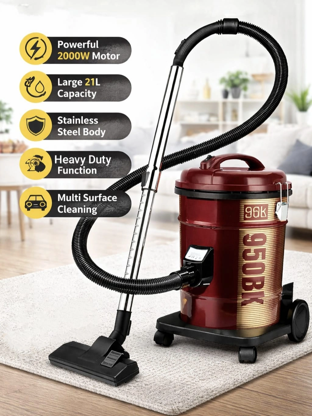 Havenix Drum Vacuum Cleaner - 2000W 21L Wet & Dry