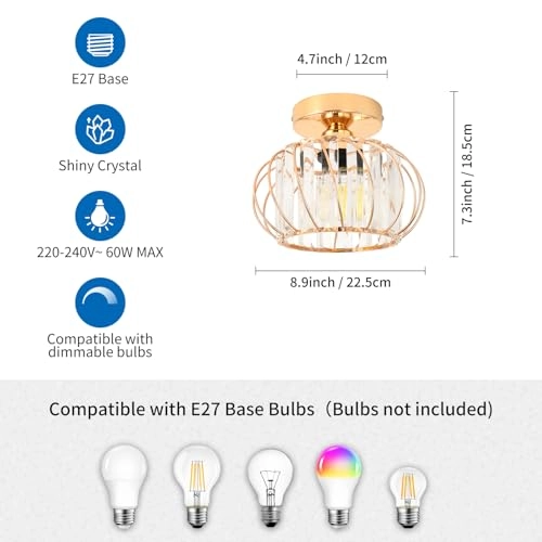 E27 Crystal Ceiling Lamp - Gold Base 1 Light 22.5 cm