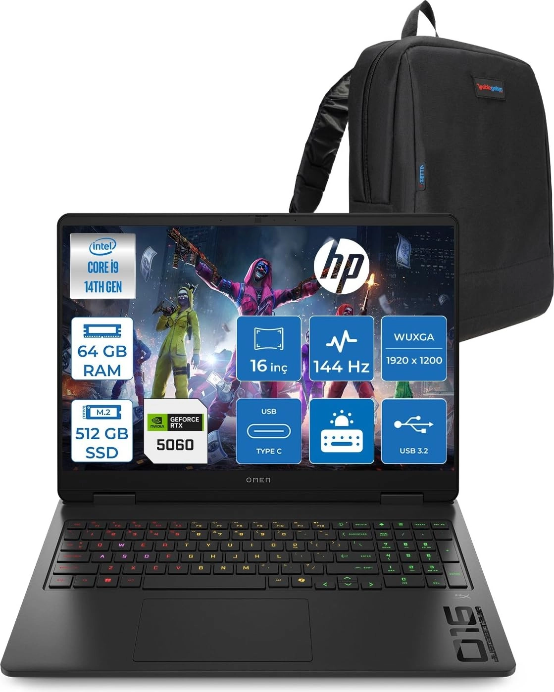 HP Omen 16 16-AM0033NT - 16'' Core i9-14900HX 64GB DDR5 512GB SSD + Zetta Bag