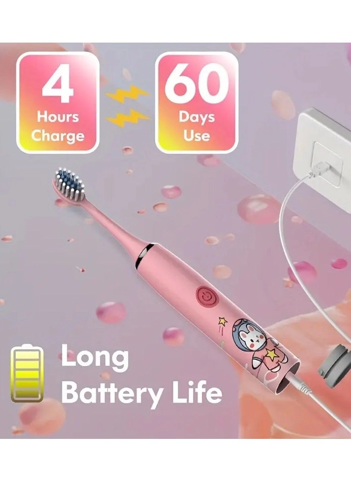 Rechargeable Electric Toothbrush for Kids - USB Rechargeable 5 Cleaning Modes 6 Replacement Heads