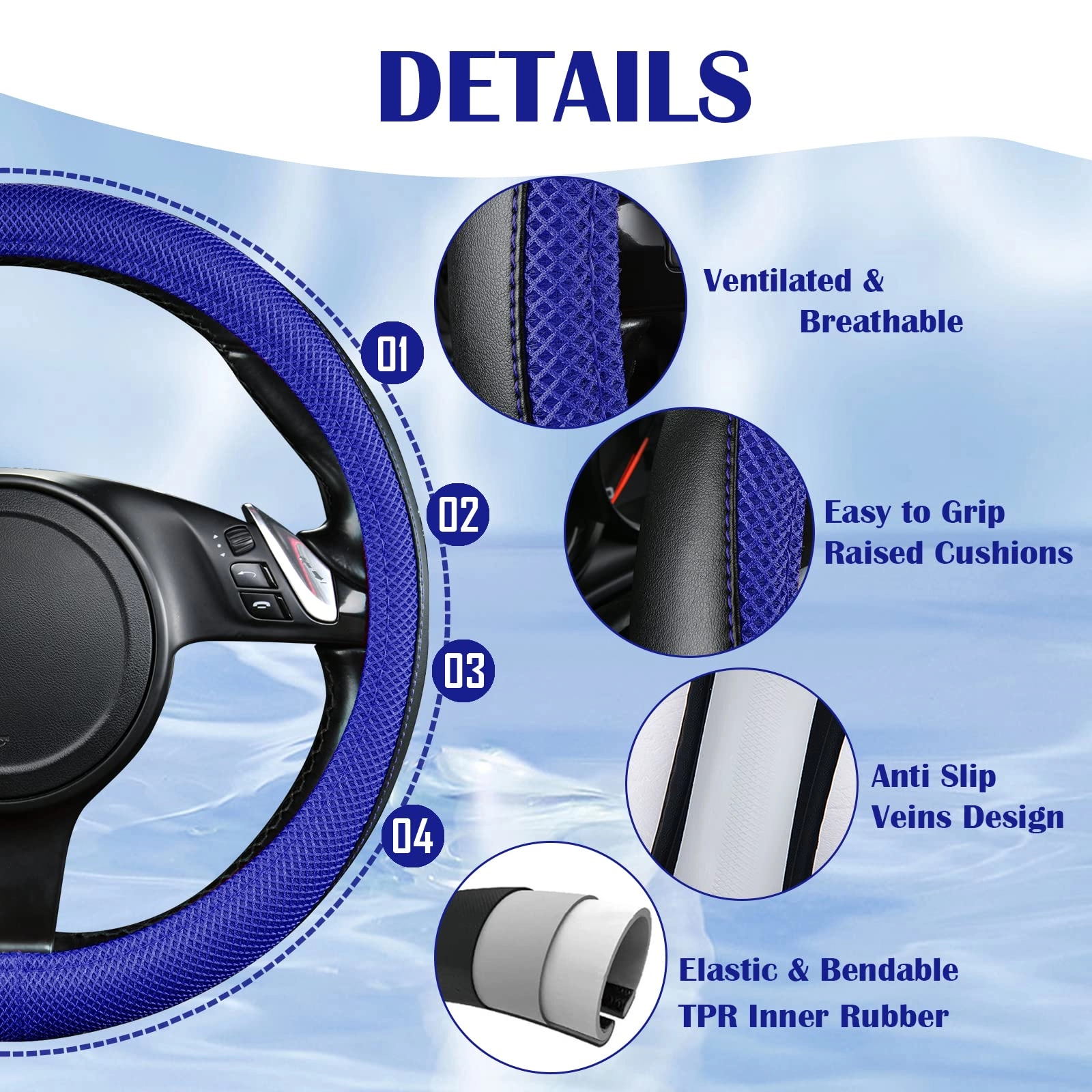 Car Seat Covers - Air Mesh Leather + Car Floor Mats - Waterproof + Steering Wheel Cover - Sporty
