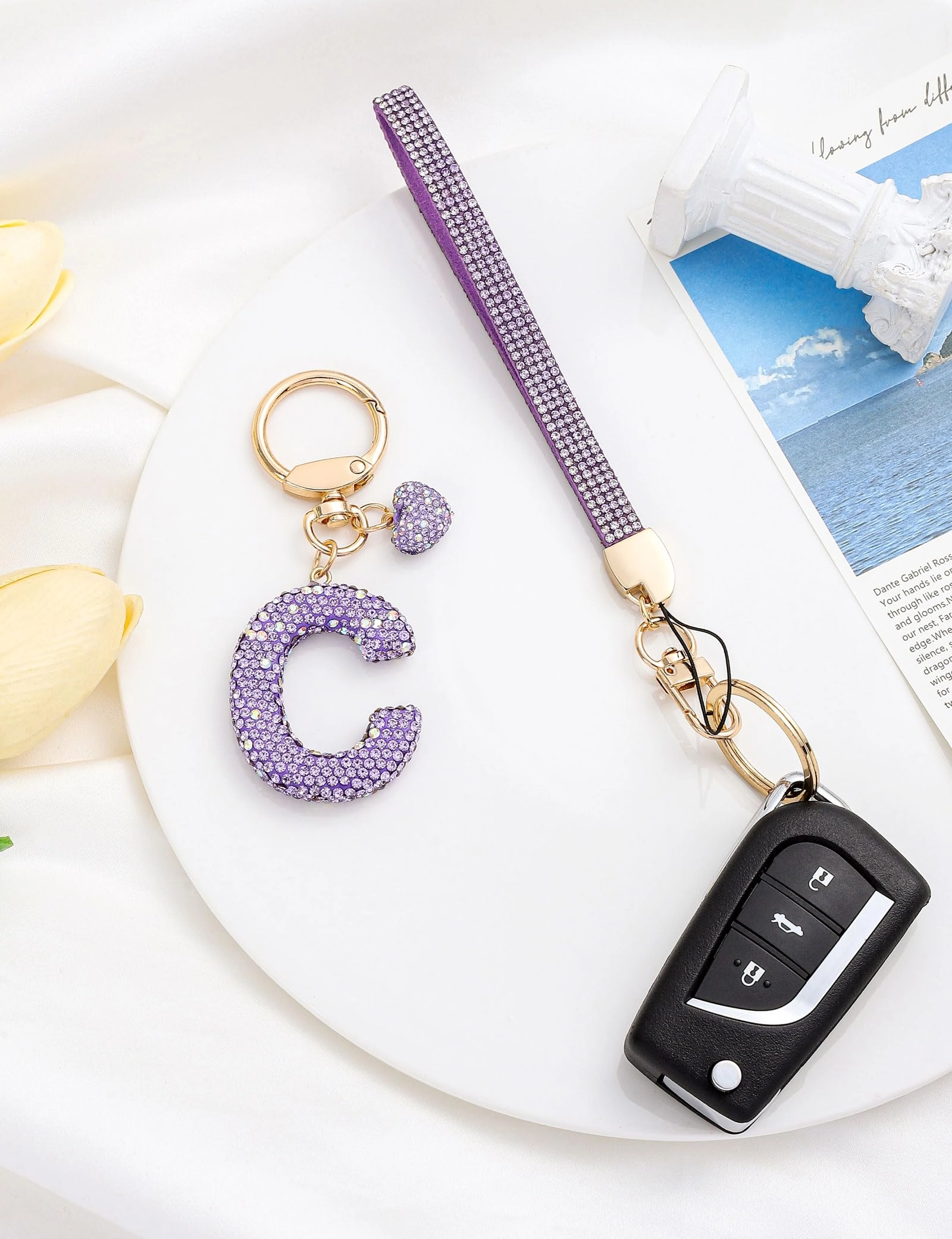 Initial Keychain - L Purple Rhinestone